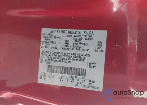 2003 Ford Ranger Edge/Xl/Xlt from USA, damaged, VIN 1FTYR10U33TA40710